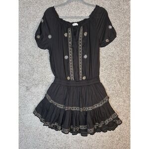 LoveShackFancy Black Gold Embroidered‎ Cotton Mini Dress Size 2
